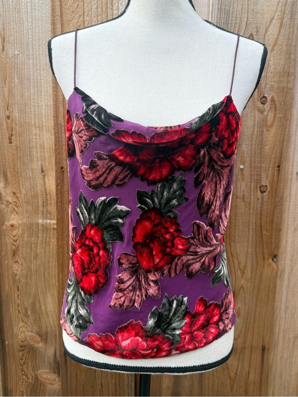 Alice + Olivia Purple Floral Velvet Cowl Cami with Red Accents